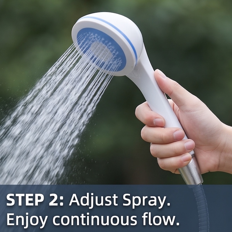 Compact And Rechargeable Shower Pump with Hose, Ideal for Outdoor Activities Like Camping, Beach Trips, Car Washing, And Pet Grooming. Features an Ergonomic Handle And a Modern Design, Built to Last 12 A hand holds the white and blue handheld shower head, which is spraying a strong, continuous stream of water outdoors. A blue text overlay at the bottom reads "STEP 2: Adjust Spray. Enjoy continuous flow."