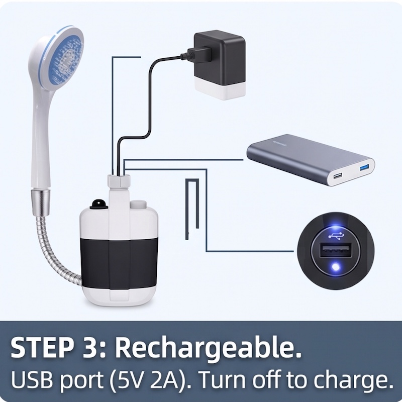 Compact And Rechargeable Shower Pump with Hose, Ideal for Outdoor Activities Like Camping, Beach Trips, Car Washing, And Pet Grooming. Features an Ergonomic Handle And a Modern Design, Built to Last 13 An infographic diagram illustrates the charging process for the portable shower pump. It shows the pump unit connected by a USB cable to a wall charger plug and a separate power bank. A blue text overlay at the bottom reads "STEP 3: Rechargeable. USB port (5V 2A). Turn off to charge."