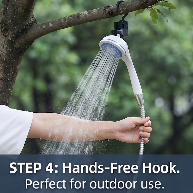 Compact And Rechargeable Shower Pump with Hose, Ideal for Outdoor Activities Like Camping, Beach Trips, Car Washing, And Pet Grooming. Features an Ergonomic Handle And a Modern Design, Built to Last 14 A hand holds the shower head, which is hanging from a black S-hook attached to a leafy tree branch in an outdoor setting. Water sprays downwards. A blue text overlay at the bottom reads "STEP 4: Hands-Free Hook. Perfect for outdoor use."