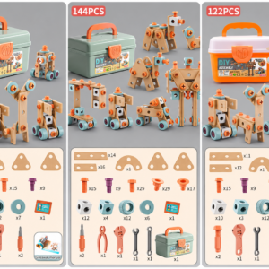 A three-panel comparison image displaying the 121PCS, 144PCS, and 122PCS variations of the Screwdriver Tool Box Toy, showing storage cases, built models, and individual piece inventories.