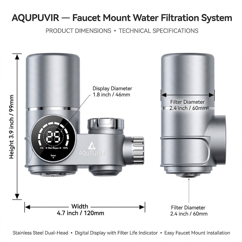 exclusive Faucet Mount Water Filtration, 264 Gallons Water Faucet Mount Filtration System, Dual Head Switching with Water Temperature And Life Dual Display for Tap Water Reduces Lead Chlorine, Heavy Metals (23psc Combination) 12 mrali Starlight Silvery aqupuvir dimension infographic