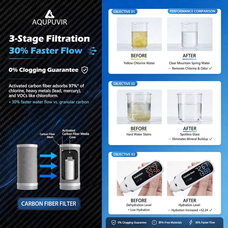 exclusive Faucet Mount Water Filtration, 264 Gallons Water Faucet Mount Filtration System, Dual Head Switching with Water Temperature And Life Dual Display for Tap Water Reduces Lead Chlorine, Heavy Metals (23psc Combination) 9 Infographic showcasing the 3-stage carbon fiber filter performance and comparison data for the starlight slivery Faucet Mount Water Filtration system.