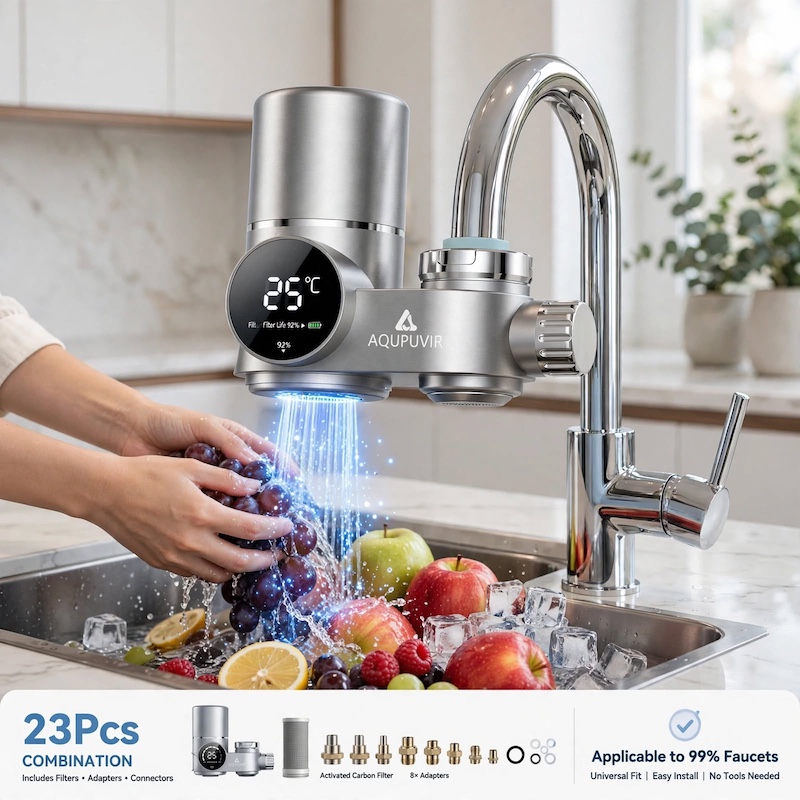 exclusive Faucet Mount Water Filtration, 264 Gallons Water Faucet Mount Filtration System, Dual Head Switching with Water Temperature And Life Dual Display for Tap Water Reduces Lead Chlorine, Heavy Metals (23psc Combination) 3 A pair of hands washing fresh fruit under the running stream of the starlight slivery Faucet Mount Water Filtration system in a modern kitchen sink.