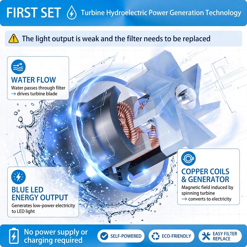 exclusive Faucet Mount Water Filtration, 264 Gallons Water Faucet Mount Filtration System, Dual Head Switching with Water Temperature And Life Dual Display for Tap Water Reduces Lead Chlorine, Heavy Metals (23psc Combination) 11 Exploded view infographic of the turbine hydroelectric power generation mechanism inside the starlight slivery Faucet Mount Water Filtration system.