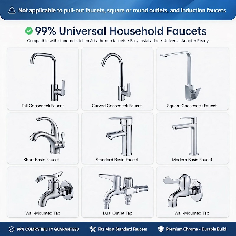 exclusive Faucet Mount Water Filtration, 264 Gallons Water Faucet Mount Filtration System, Dual Head Switching with Water Temperature And Life Dual Display for Tap Water Reduces Lead Chlorine, Heavy Metals (23psc Combination) 10 Infographic displaying various types of household taps compatible with the starlight slivery Faucet Mount Water Filtration system's 23-piece adapter set.