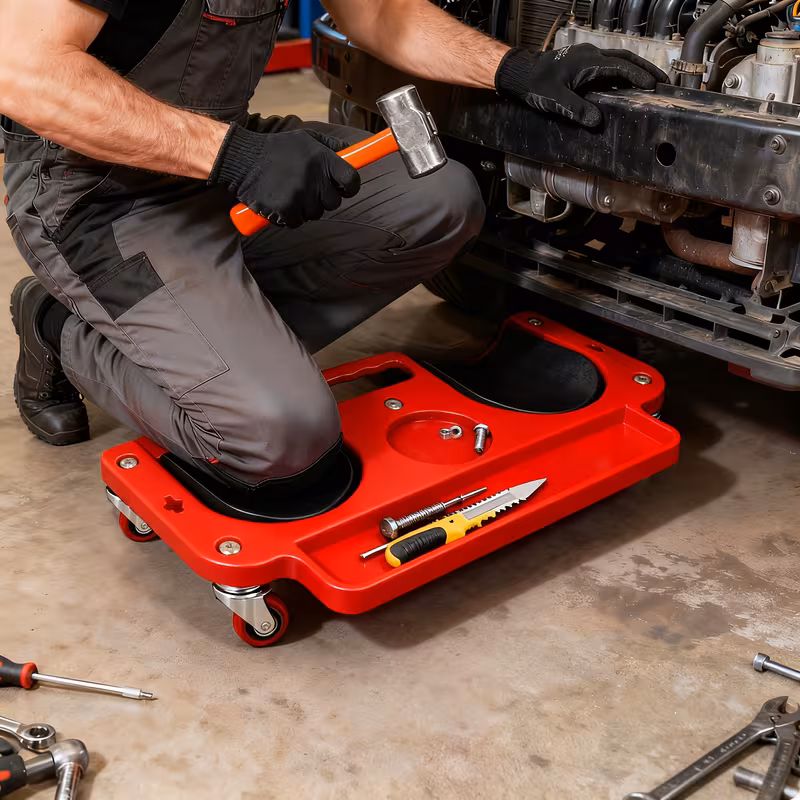 A Rolling Knee Board Platform with Wheels, Made of ABS Material, Featuring a Multifunctional Built-in Tool Tray and a Comfortable Cushion. Suitable for Mechanics, Carpenters, Flooring, and Automotive Repairs. Valentine's Day Gifts for Men 7 A mechanic wears grey work clothes and black gloves, kneeling on the comfortable, contoured black pad of an Upgrade Hard Red Rolling Knee Board Platform with Wheels. He is using a sledgehammer to repair a car engine in a garage. The red rolling creeper features four smooth-rolling caster wheels and built-in trays holding loose bolts and a utility knife, keeping tools organized and close by.