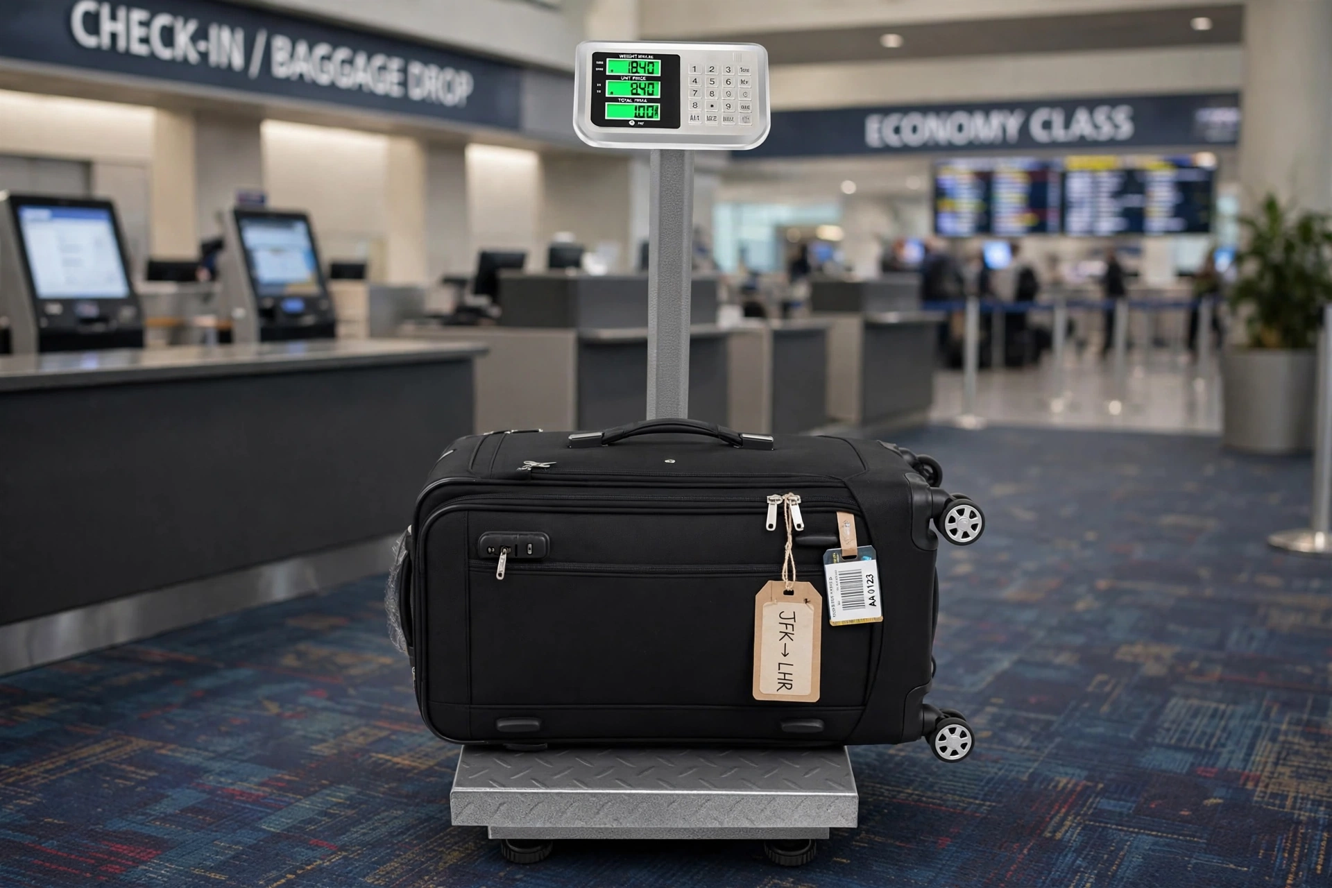 Electronic Industrial Commercial Platform Scale,Stainless Steel High-Definition LCD Display, Digital Floor Heavy Duty, Luggage Package Price Computing Postal Shipping Mailing 8 A black suitcase placed on a heavy duty commercial platform scale at an airport check in counter with a digital display showing measurements