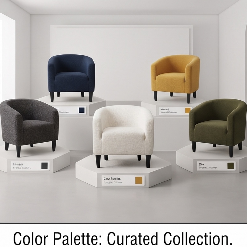 A curated collection of five Boucle Barrel Accent Chairs with Arms, displayed on white hexagonal pedestals in a gallery-like room, each with a color swatch and label. The colors are charcoal, navy, cream, mustard, and olive.