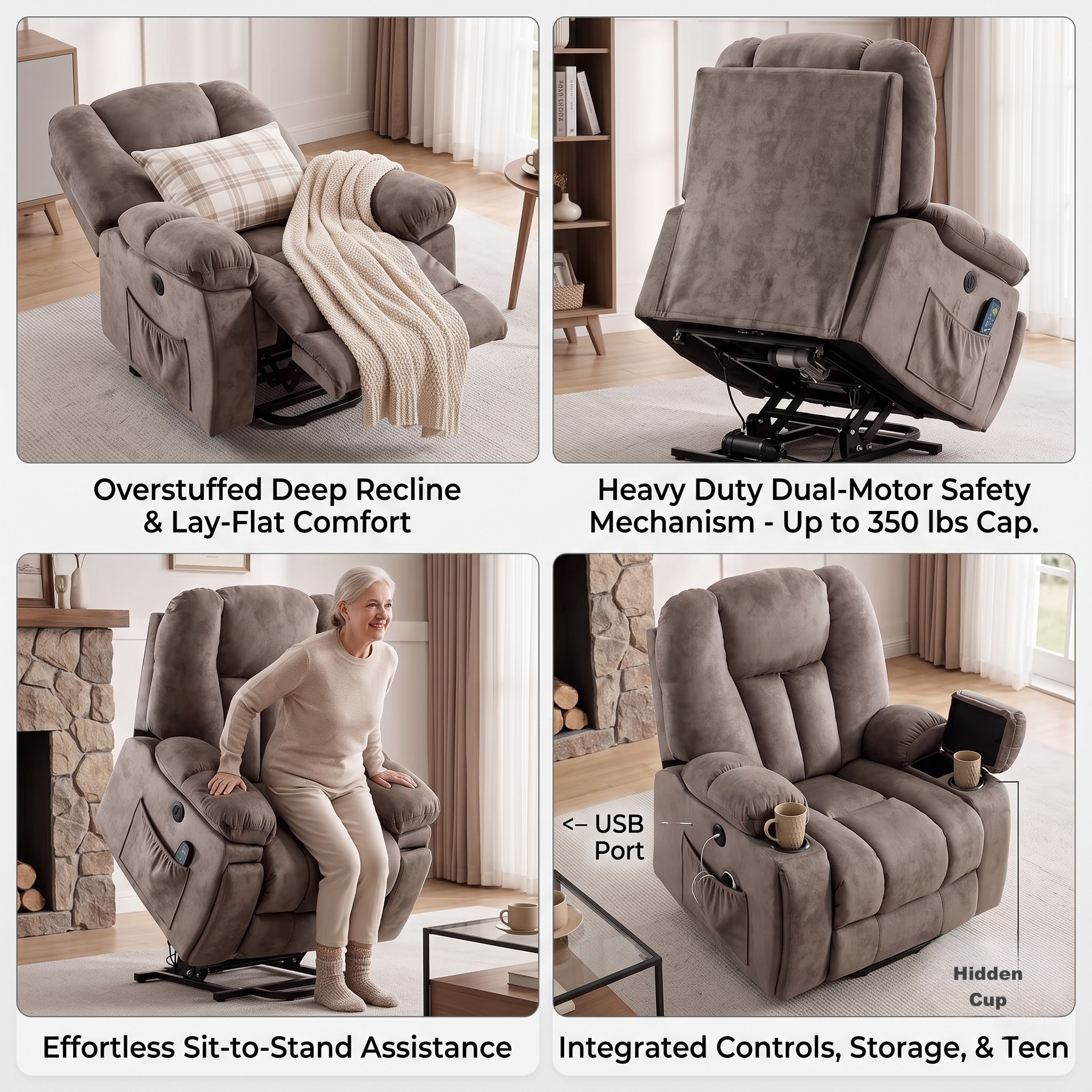 Elderly Power Lift Recliner Chair with Massage & Heat - Oversized Wide Overstuffed Seat, Heavy Duty Safety Reclining Mechanism, USB Ports & 2 Hidden Cup Holders 4 A multi-panel lifestyle graphic of an overstuffed apricot color Power Lift Recliner Chair with Massage in a living room setting. The panels show the chair from various angles and in different states, with text overlays focusing on lifestyle utility rather than specific technical specs.
