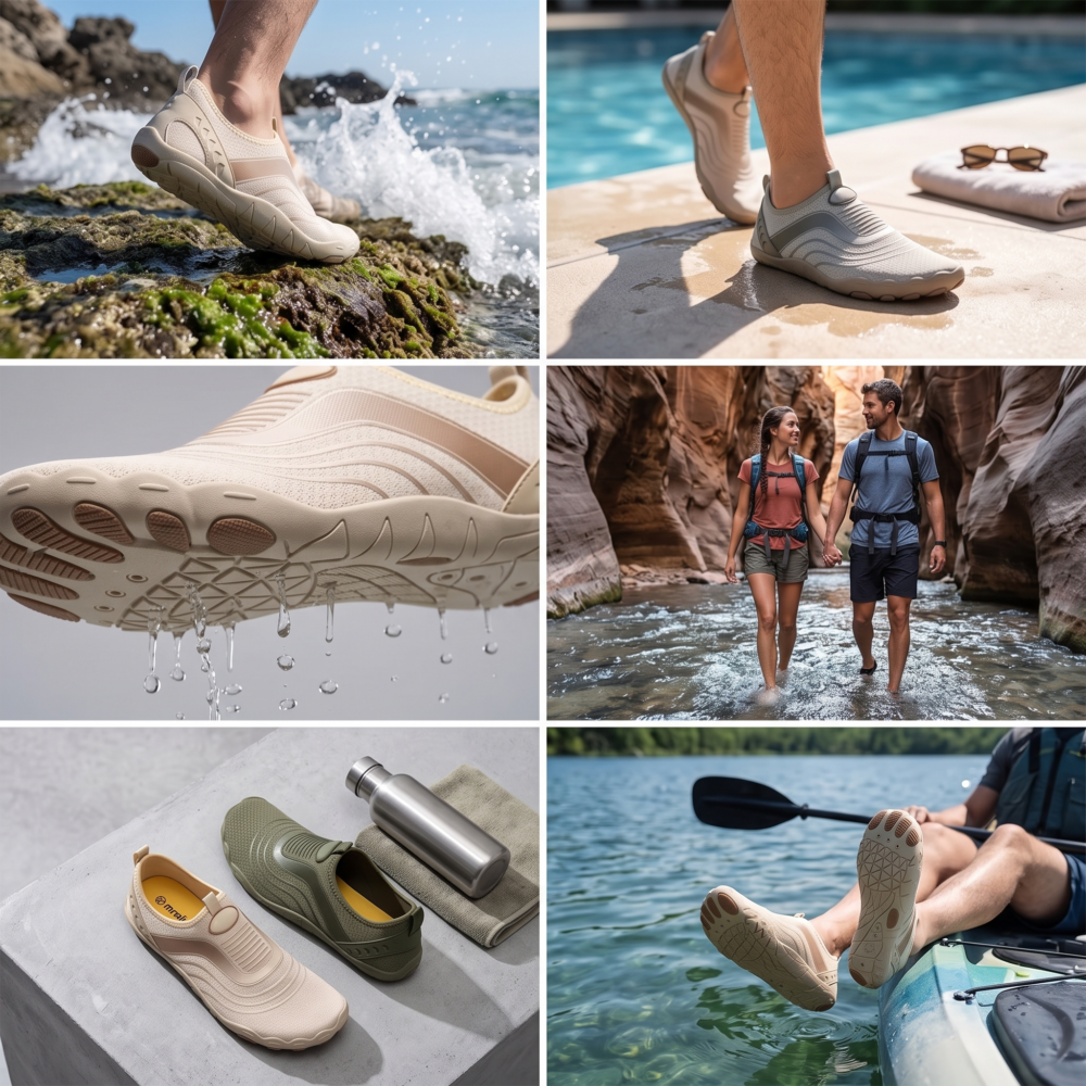 Unisex Quick-Dry Water Shoes, Comfortable and Breathable, Suitable for Fishing, Surfing, Hiking, Wading, Beach Play, and Fitness Squats 4 A six-panel photo collage showcasing Mrali Unisex Quick-Dry Water Shoes in Apricot and Green, used for diverse activities like mossy tide pool walking, canyon wading, a close-up on the drippy sole, a canyon hike, a curated gym product layout, and kayaking.