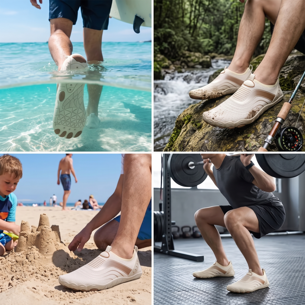 Unisex Quick-Dry Water Shoes, Comfortable and Breathable, Suitable for Fishing, Surfing, Hiking, Wading, Beach Play, and Fitness Squats 3 A four-panel photo collage featuring the Mrali Unisex Quick-Dry Water Shoes (Apricot) in different activities: wading with a surfboard, muddy fishing by a river, making sandcastles on the beach, and performing fitness squats with a barbell.