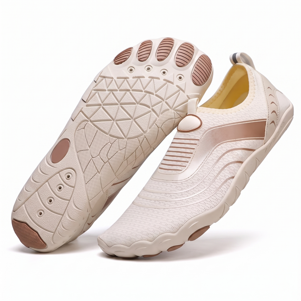 Unisex Quick-Dry Water Shoes, Comfortable and Breathable, Suitable for Fishing, Surfing, Hiking, Wading, Beach Play, and Fitness Squats 5 Studio product shot of apricot color Unisex Quick-Dry Water Shoes, showcasing one shoe from an angled profile view and the other turned over to display the multi-toe rubber sole grip pattern on a clean white background.