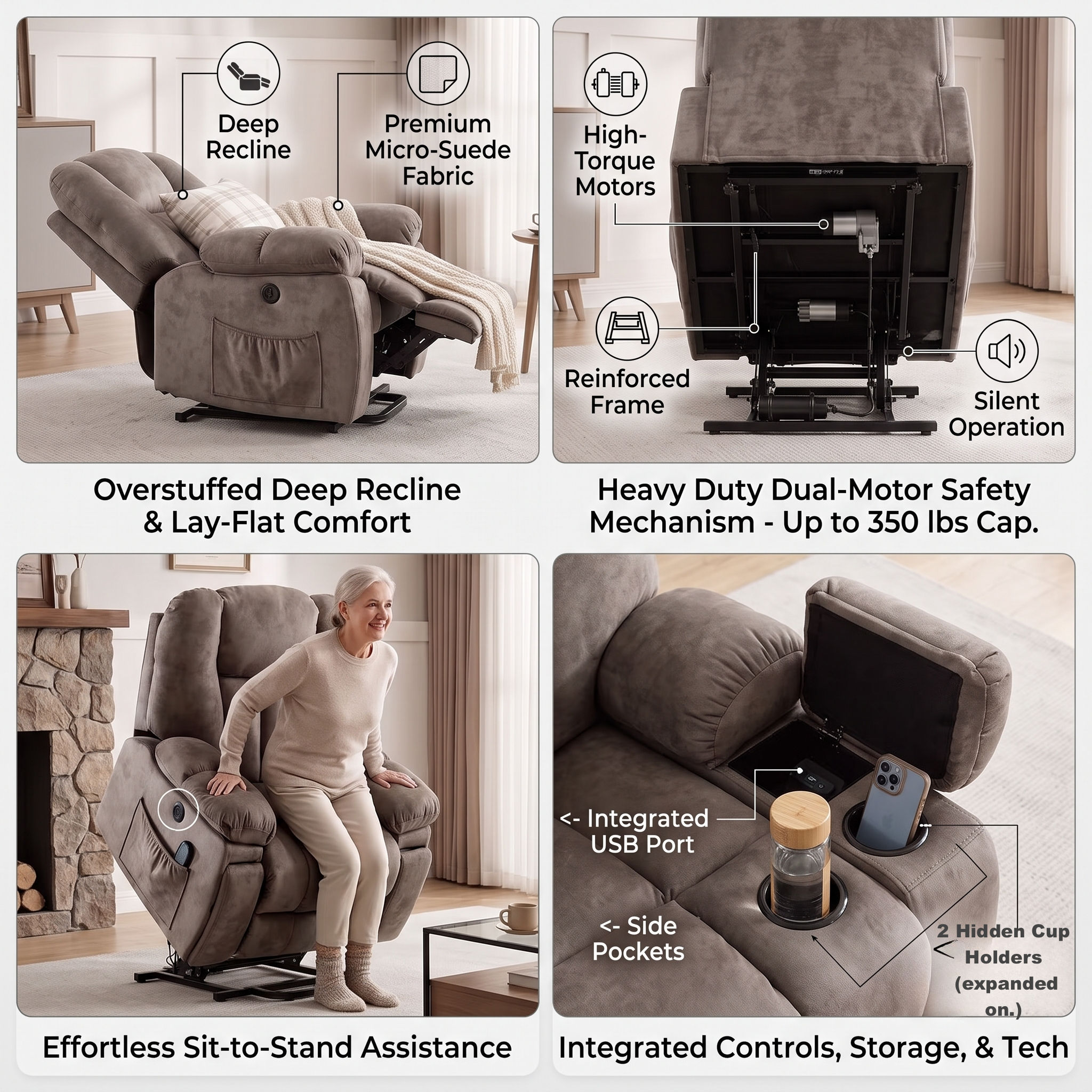 Elderly Power Lift Recliner Chair with Massage & Heat - Oversized Wide Overstuffed Seat, Heavy Duty Safety Reclining Mechanism, USB Ports & 2 Hidden Cup Holders 2 A multi-panel informational graphic featuring a plush, overstuffed apricot color Power Lift Recliner Chair with Massage. The top-left panel illustrates the "Deep Recline" feature, showing the chair reclined with a blanket and a pillow,