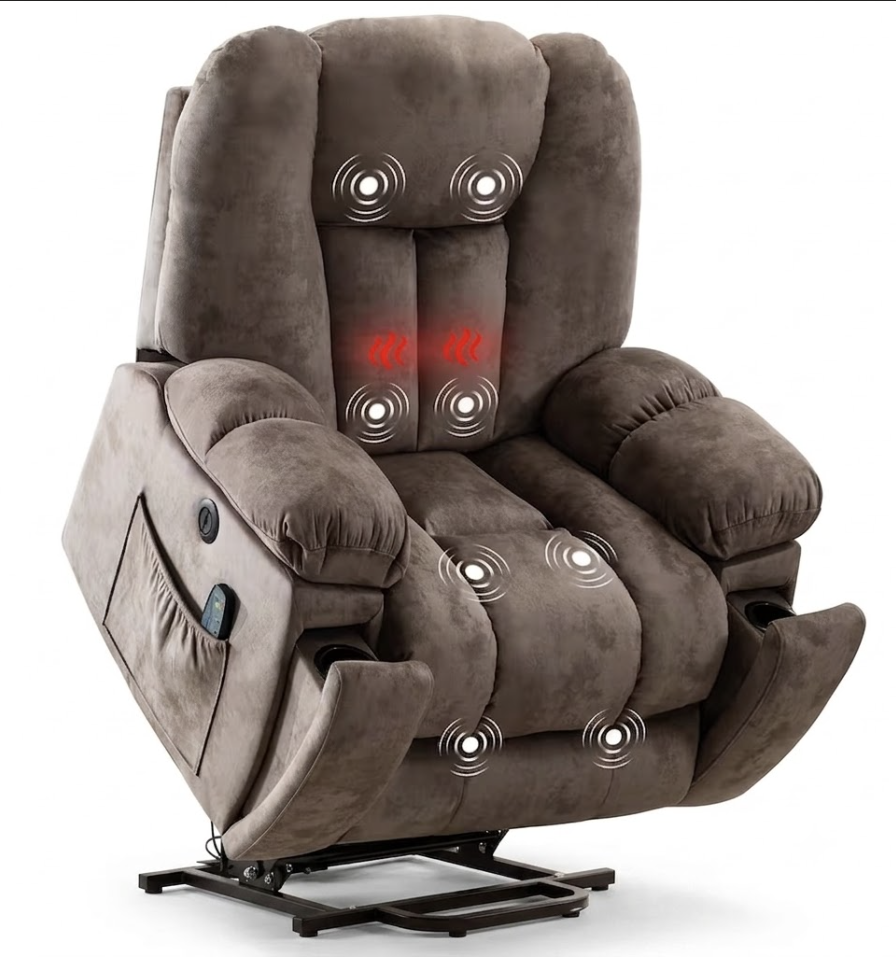 Elderly Power Lift Recliner Chair with Massage & Heat - Oversized Wide Overstuffed Seat, Heavy Duty Safety Reclining Mechanism, USB Ports & 2 Hidden Cup Holders 3 A studio photograph of a plush, overstuffed apricot color Power Lift Recliner Chair with Massage in its fully reclined position, set against a plain white background. Superimposed graphics, including white concentric circles over the headrest, back, seat, and leg rest, indicate targeted massage zones.