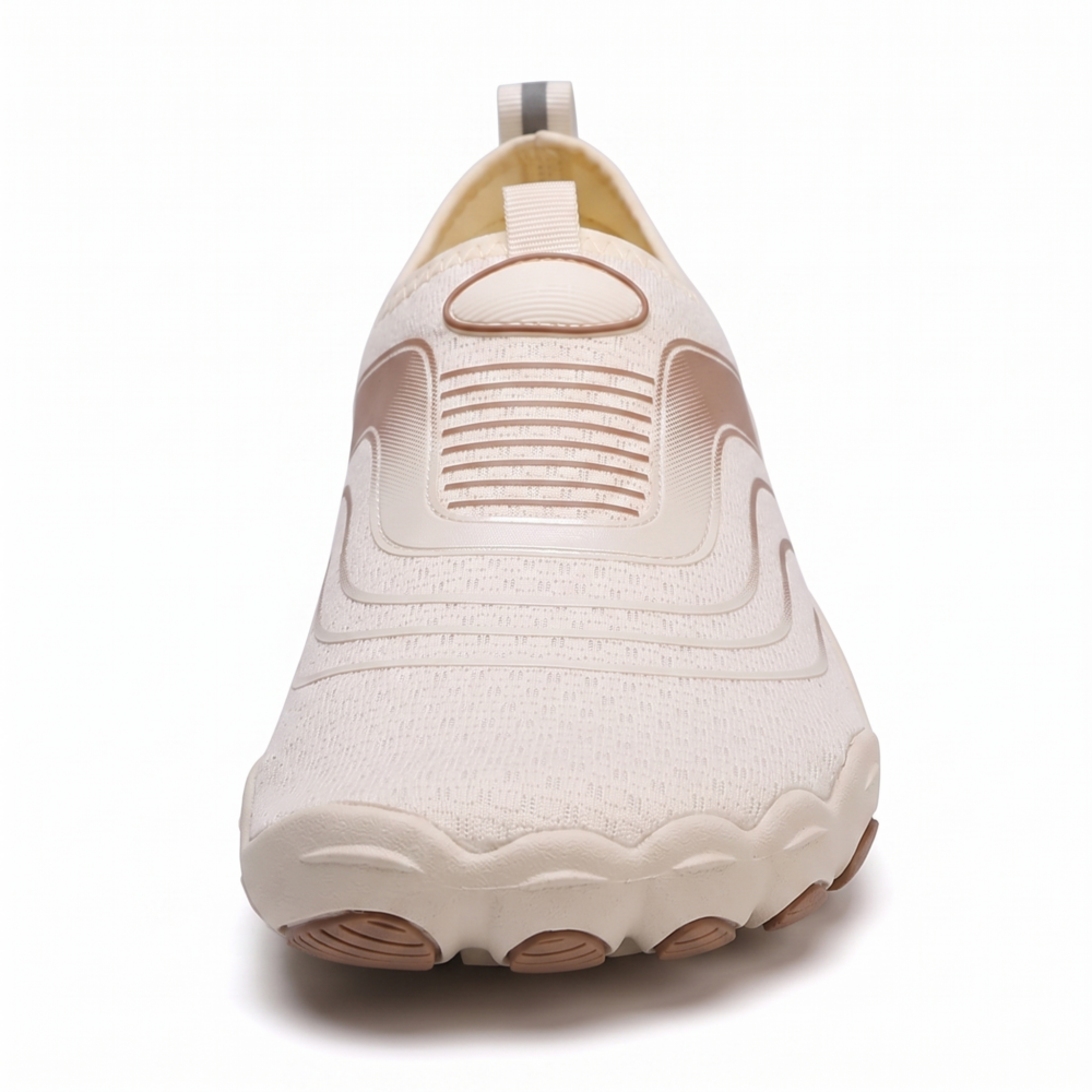 Unisex Quick-Dry Water Shoes, Comfortable and Breathable, Suitable for Fishing, Surfing, Hiking, Wading, Beach Play, and Fitness Squats 6 Straight-on front view of an apricot color Unisex Quick-Dry Water Shoes on a seamless white background, emphasizing the wide, anatomical toe box shape and streamlined slip-on structure.