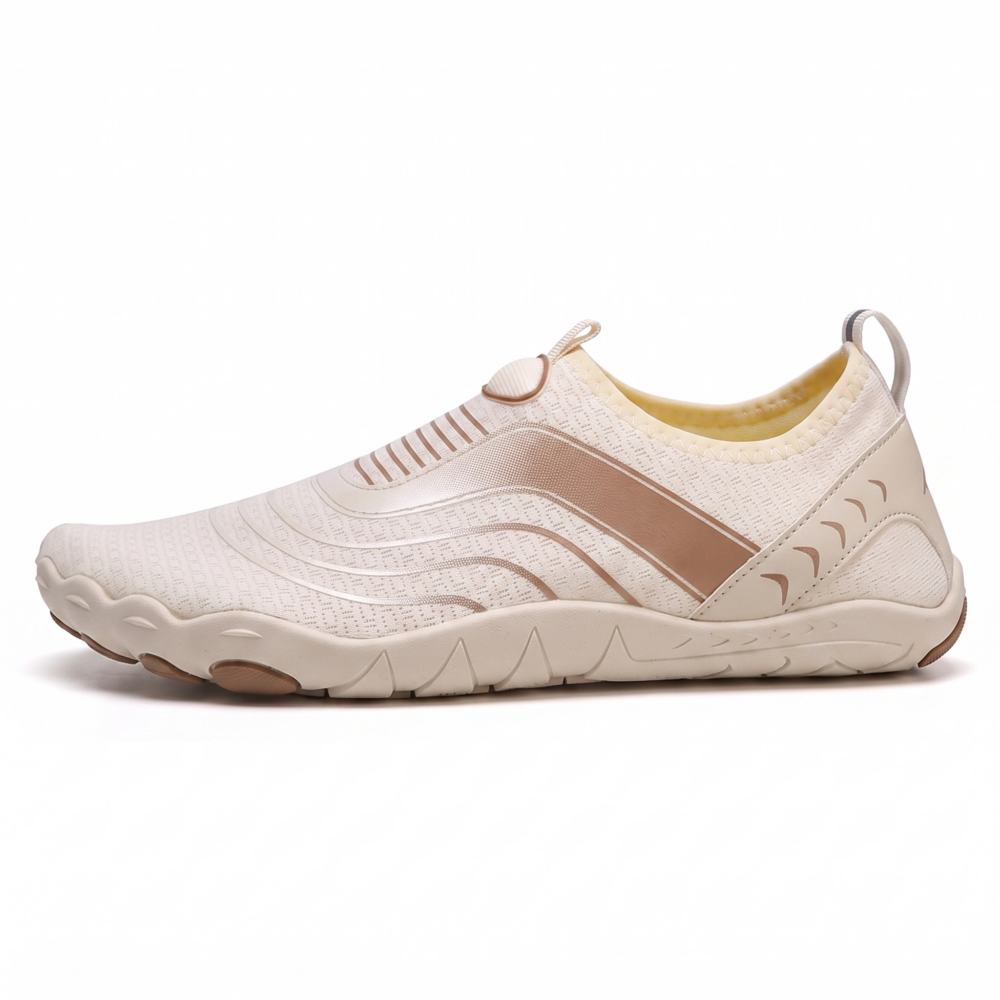 Unisex Quick-Dry Water Shoes, Comfortable and Breathable, Suitable for Fishing, Surfing, Hiking, Wading, Beach Play, and Fitness Squats 7 Side profile image of a single apricot color Unisex Quick-Dry Water Shoes showing the low-top silhouette, heel tab loop, flexible textured midsole, and stylized tan accents against a solid white background.
