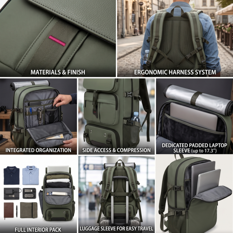 One Large Capacity Laptop Backpack, Designed for Both Men And Women, Featuring a Multifunctional Travel Design with a Compartment for Shoes, Ideal for Business Trips, Travel, College, Holiday Travel, Party Gifts, School Use 2 A side-by-side view showing the rear and right side of an army green color One Large Capacity Laptop Backpack. The rear image displays the padded shoulder straps, sternum strap, and breathable mesh back panel. The side view shows the full-length side mesh pocket, compression buckles, and the top grey mat attachment.