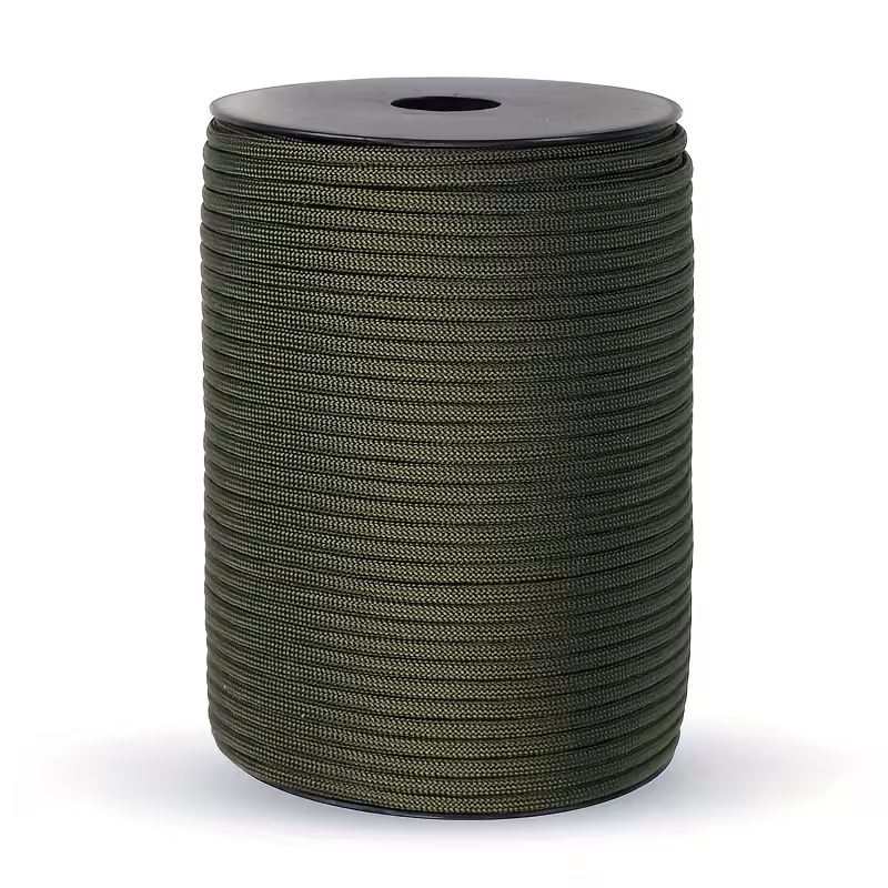 The Ultimate 164ft Roll of 9-Strand Rope 4mm: Heavy-Duty Utility Cord for Tents & Tarps 2 A bulk roll of army green color 9-strand rope, 4mm in diameter, neatly wound on a black spool and set against a plain white background.