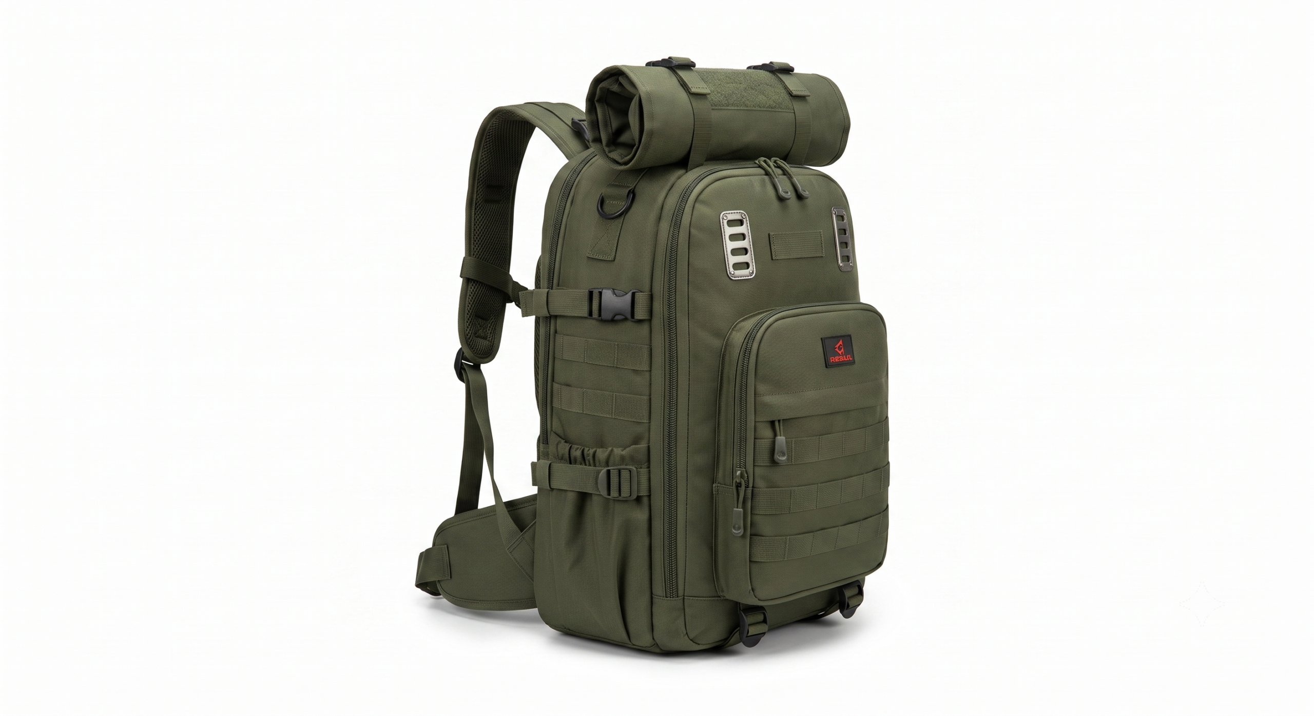 One Large Capacity Laptop Backpack, Designed for Both Men And Women, Featuring a Multifunctional Travel Design with a Compartment for Shoes, Ideal for Business Trips, Travel, College, Holiday Travel, Party Gifts, School Use 16 A direct front product view of an army green color One Large Capacity Laptop Backpack against a clean white background. The backpack features four main compartments with grey and black buckles, two metallic circular vents, and a central vertical strap with red details. A grey rolled mat is secured to the top.
