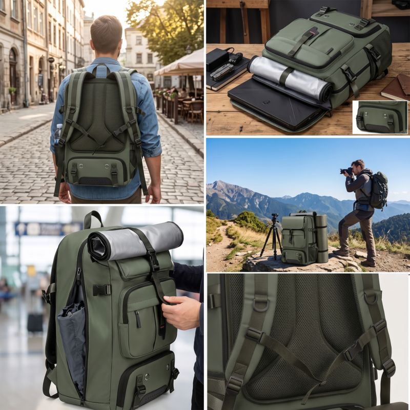 One Large Capacity Laptop Backpack, Designed for Both Men And Women, Featuring a Multifunctional Travel Design with a Compartment for Shoes, Ideal for Business Trips, Travel, College, Holiday Travel, Party Gifts, School Use 3 A detailed internal and functional view of an army green color One Large Capacity Laptop Backpack on a wooden table. A hand is adjusting an internal divider. The main compartment is wide open, revealing organized dividers holding a tablet and camera gear. A lower zipper compartment is open to reveal a pair of grey shoes. Small inset views show external key vents and straps.