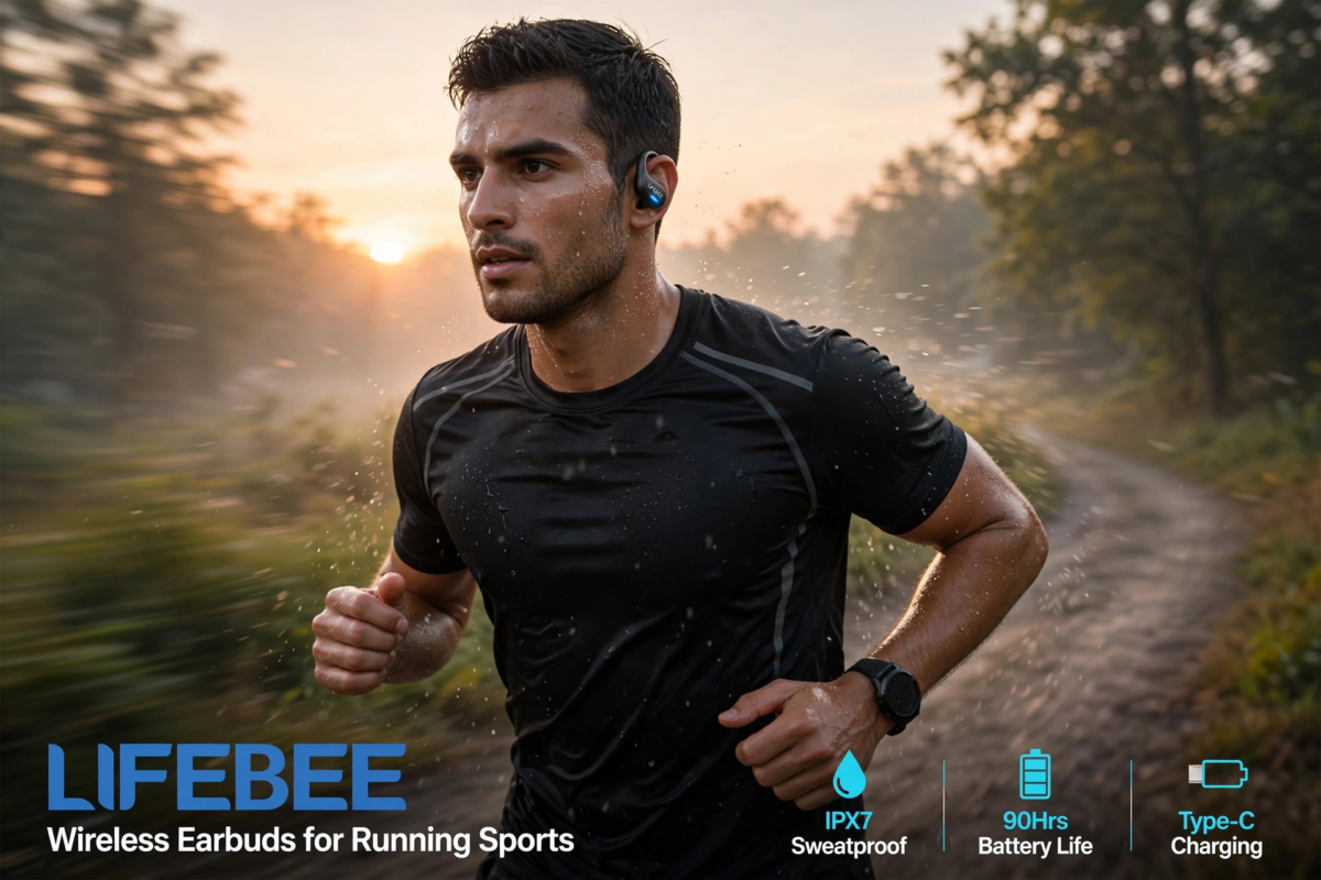 New Wireless Earbuds for Running Sports, Wireless Earphones with Pure Bass Sound, Over Ear Headphones with Dual-LED Display, Earphones Noise Cancelling Headset Built-in Microphone 2 Fit athlete running along a scenic path at sunrise wearing LIFEBEE wireless earbuds for running sports.