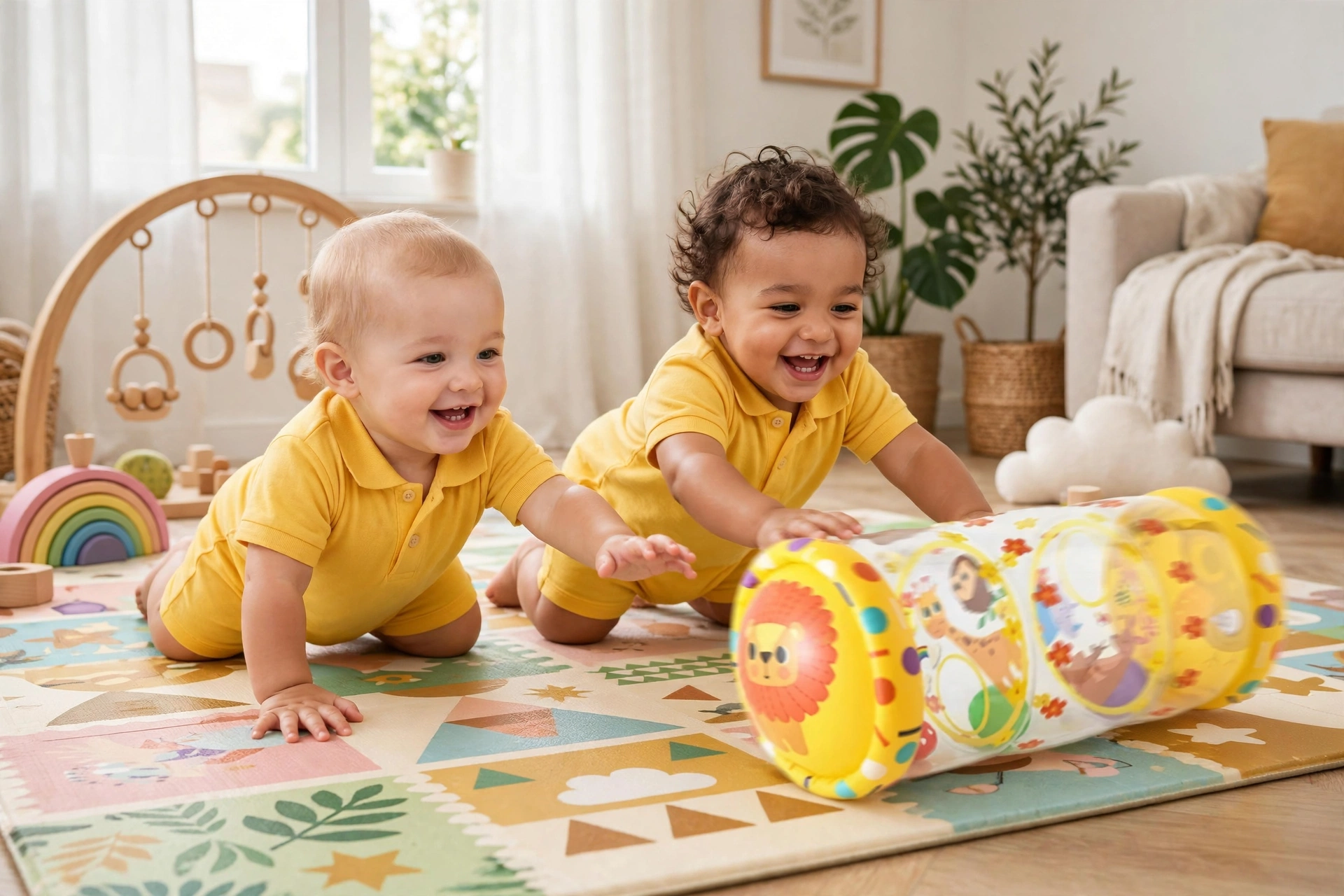 Crawling Toys for Children, No Air Pump Included. Specifically Designed for Children to Use While Lying on the Floor or Crawling 11 Two happy babies in yellow shirts playing on a colorful mat with clear inflatable Crawling Toys for Children