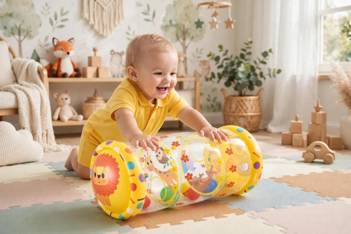 Crawling Toys for Children, No Air Pump Included. Specifically Designed for Children to Use While Lying on the Floor or Crawling 3 A smiling baby in a yellow outfit pushing clear Crawling Toys for Children across a nursery floor mat