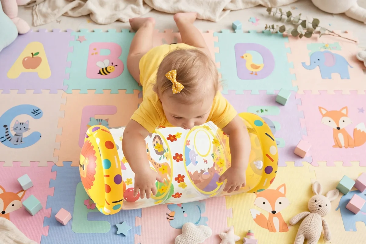 Crawling Toys for Children, No Air Pump Included. Specifically Designed for Children to Use While Lying on the Floor or Crawling 6 A joyful baby leaning on clear inflatable Crawling Toys for Children during tummy time on a pastel mat