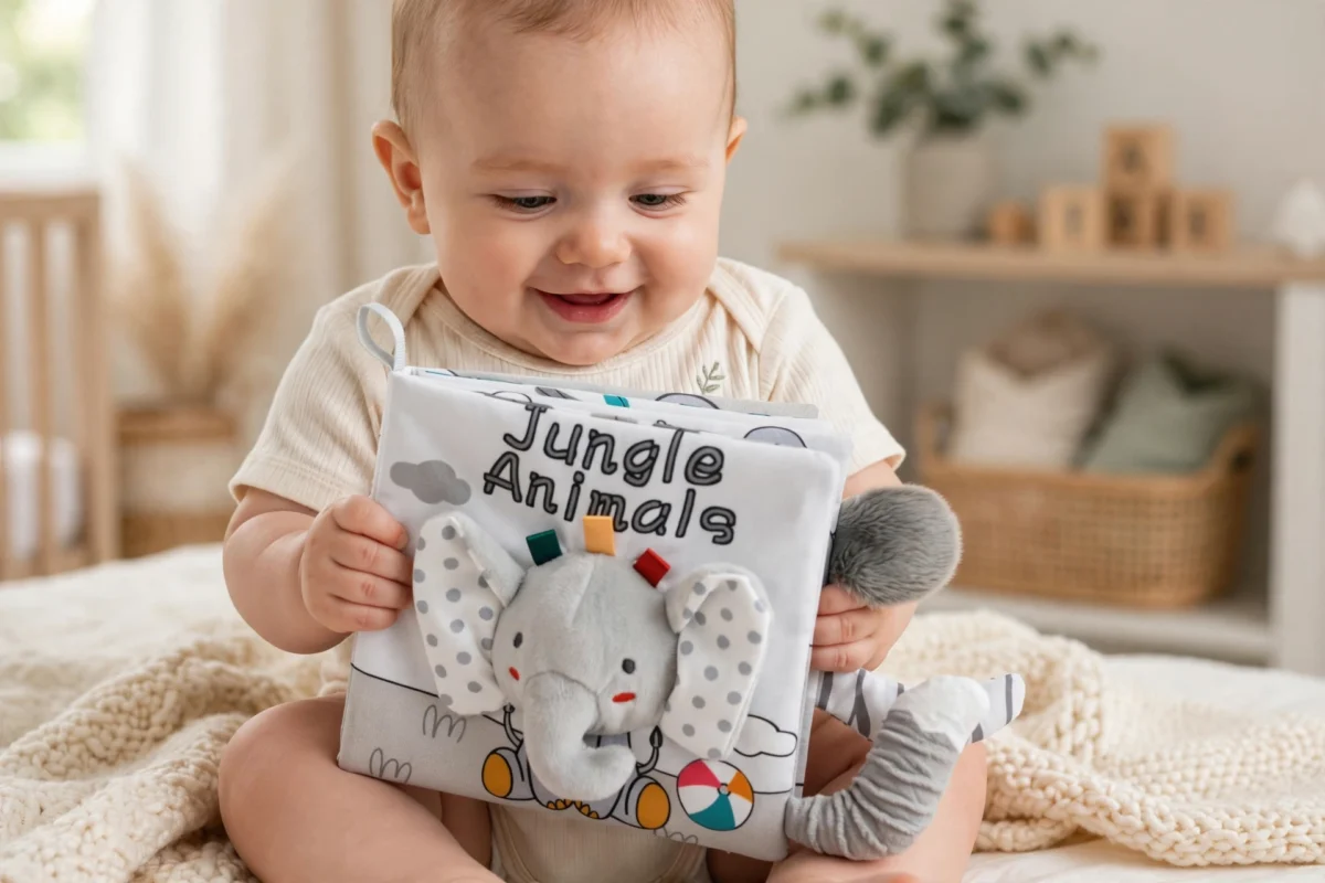 Cloth Books 3D Touch Feel High Contrast Cloth Book, Baby Books Toys for Baby 0-12 Months, Soft Baby Books Touch and Feel Crinkle for Infants Toddler Gifts Toy(Elephant) 6 Happy infant holding soft Jungle Animals Cloth Books 3D Touch featuring a plush elephant.