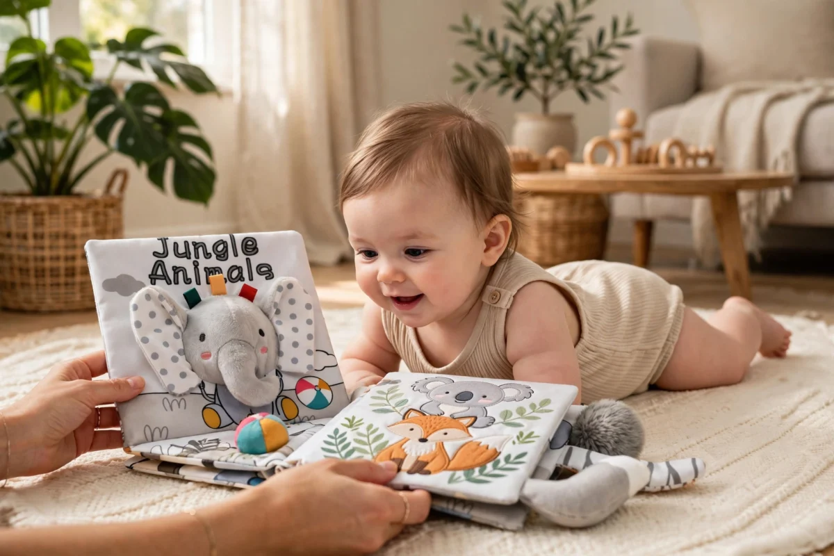 Cloth Books 3D Touch Feel High Contrast Cloth Book, Baby Books Toys for Baby 0-12 Months, Soft Baby Books Touch and Feel Crinkle for Infants Toddler Gifts Toy(Elephant) 5 Baby enjoying tummy time interaction using Cloth Books 3D Touch.