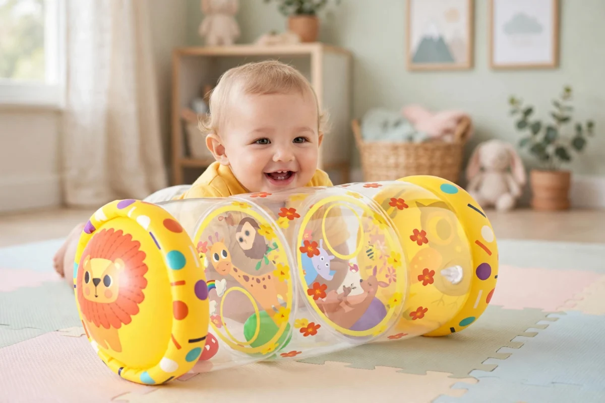 Crawling Toys for Children, No Air Pump Included. Specifically Designed for Children to Use While Lying on the Floor or Crawling 4 Close up front view of a happy baby with hands resting on colorful Crawling Toys for Children against a plain background