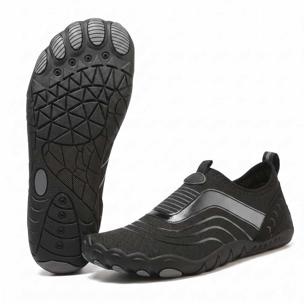Unisex Quick-Dry Water Shoes, Comfortable and Breathable, Suitable for Fishing, Surfing, Hiking, Wading, Beach Play, and Fitness Squats 8 Studio product shot of black color Unisex Quick-Dry Water Shoes, displaying one shoe in a side-angled view and the other flipped over to show the multi-toe rubber sole grip pattern on a clean white background.