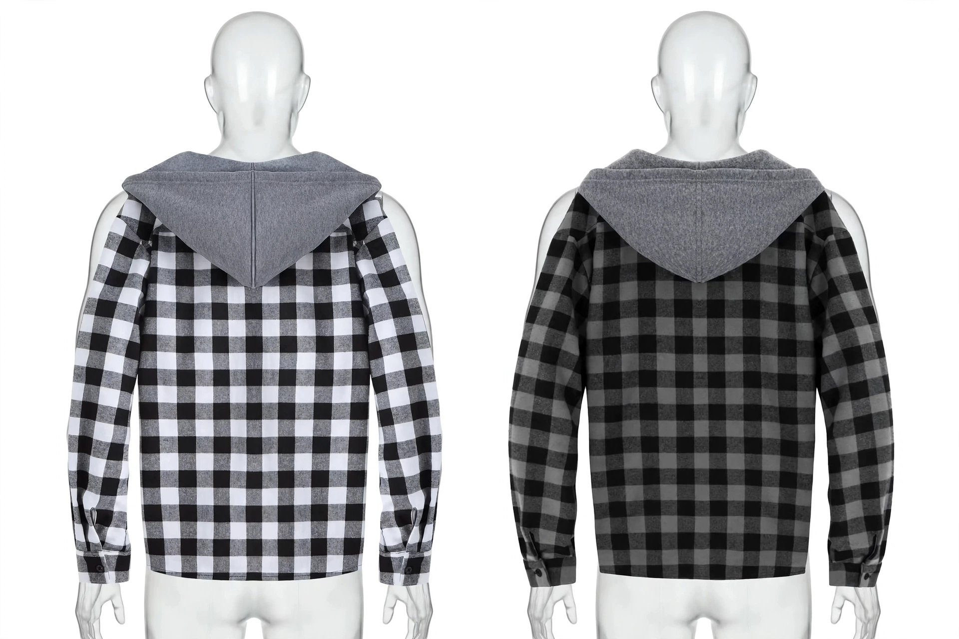 2pcs Men's New York Fashion Trendy Plaid Shirt Hoodie, Plaid Pullover Sweatshirt Flannel Hoodie 33 Rear view of two male mannequins, one wearing a black and white plaid shirt hoodie and the other a dark gray plaid shirt hoodie, each with a gray hood.
