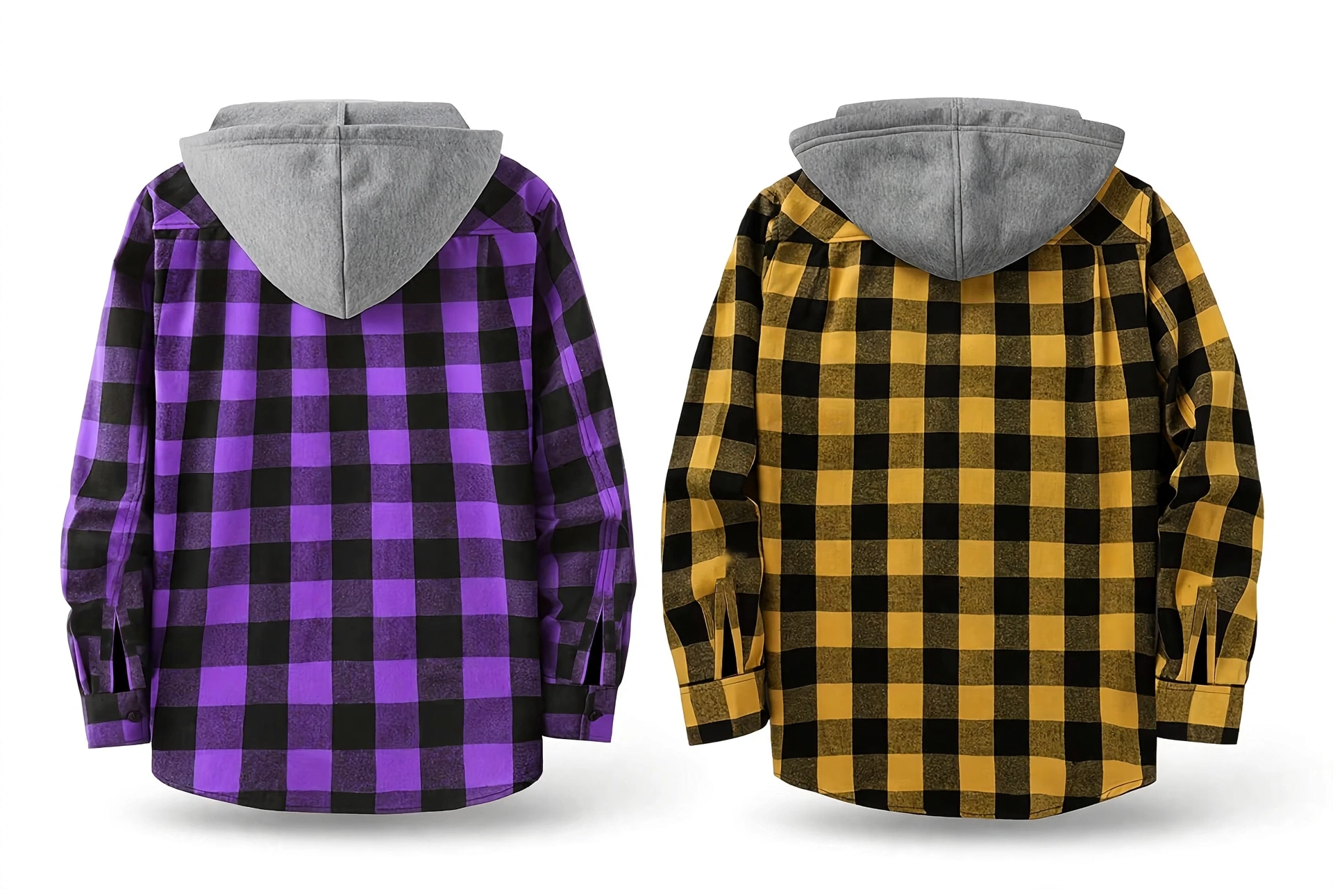 2pcs Men's New York Fashion Trendy Plaid Shirt Hoodie, Plaid Pullover Sweatshirt Flannel Hoodie 32 mrali back view purple yellow