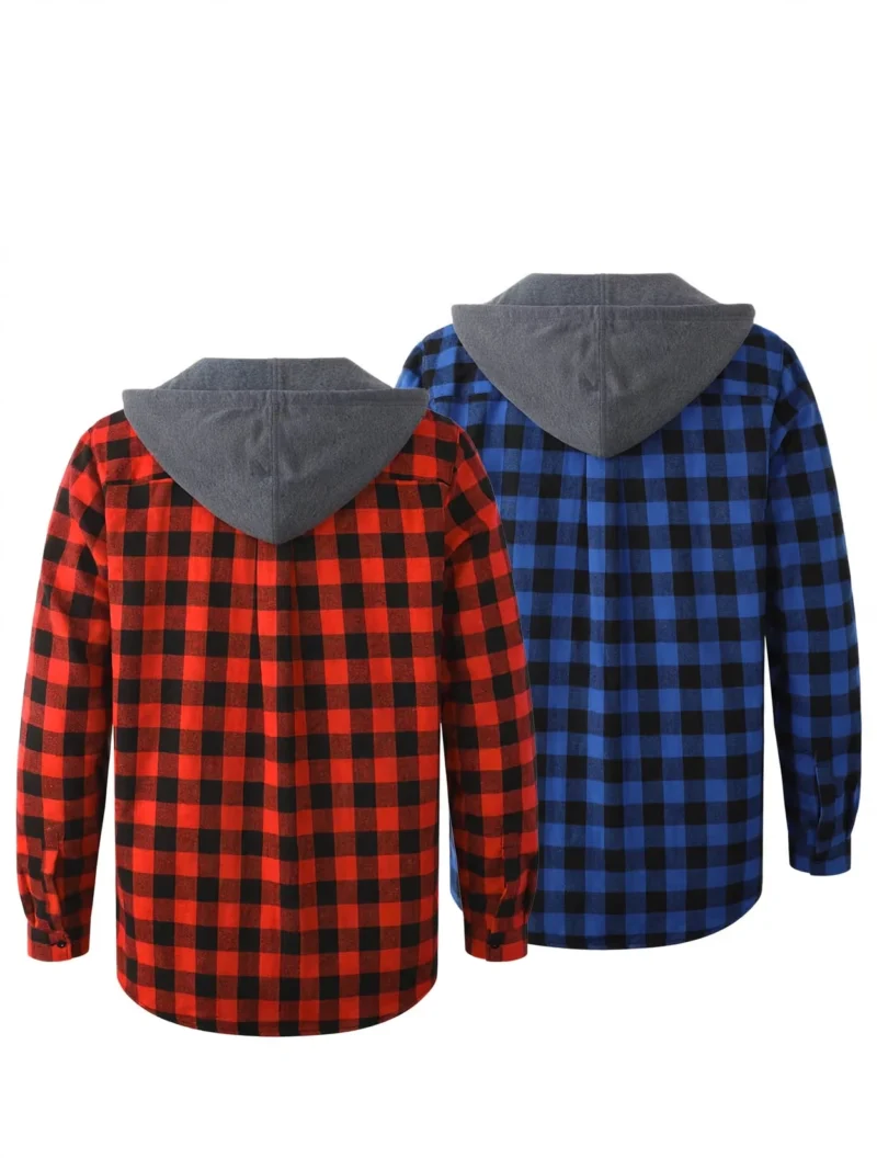 2pcs Men's New York Fashion Trendy Plaid Shirt Hoodie, Plaid Pullover Sweatshirt Flannel Hoodie 2 Back view of two male torsos, one wearing a red and black plaid shirt hoodie and the other a blue and black plaid shirt hoodie, both featuring gray hoods.