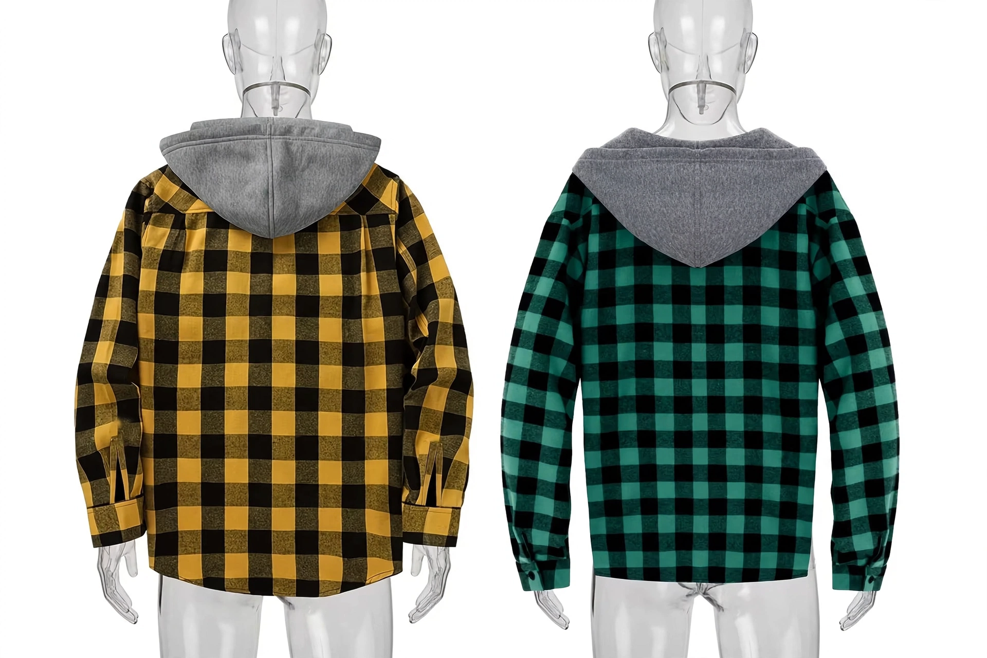 2pcs Men's New York Fashion Trendy Plaid Shirt Hoodie, Plaid Pullover Sweatshirt Flannel Hoodie 25 mrali back view yellow green