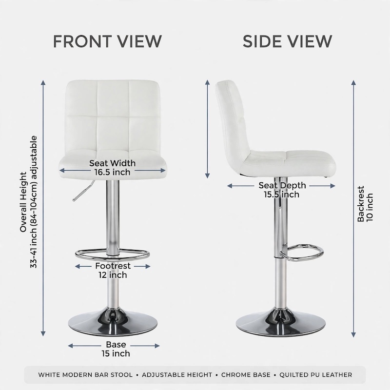 comfortable MCQ Bar Stools Set Armless Adjustable Swivel Barstools, PU Leather Hydraulic Kitchen Counter Height Bar Stools, Thickened Seat Cushion with Back 26 Diagram showing dimensions for a white 2 pack bar stools set armless adjustable, featuring front and side view measurements.