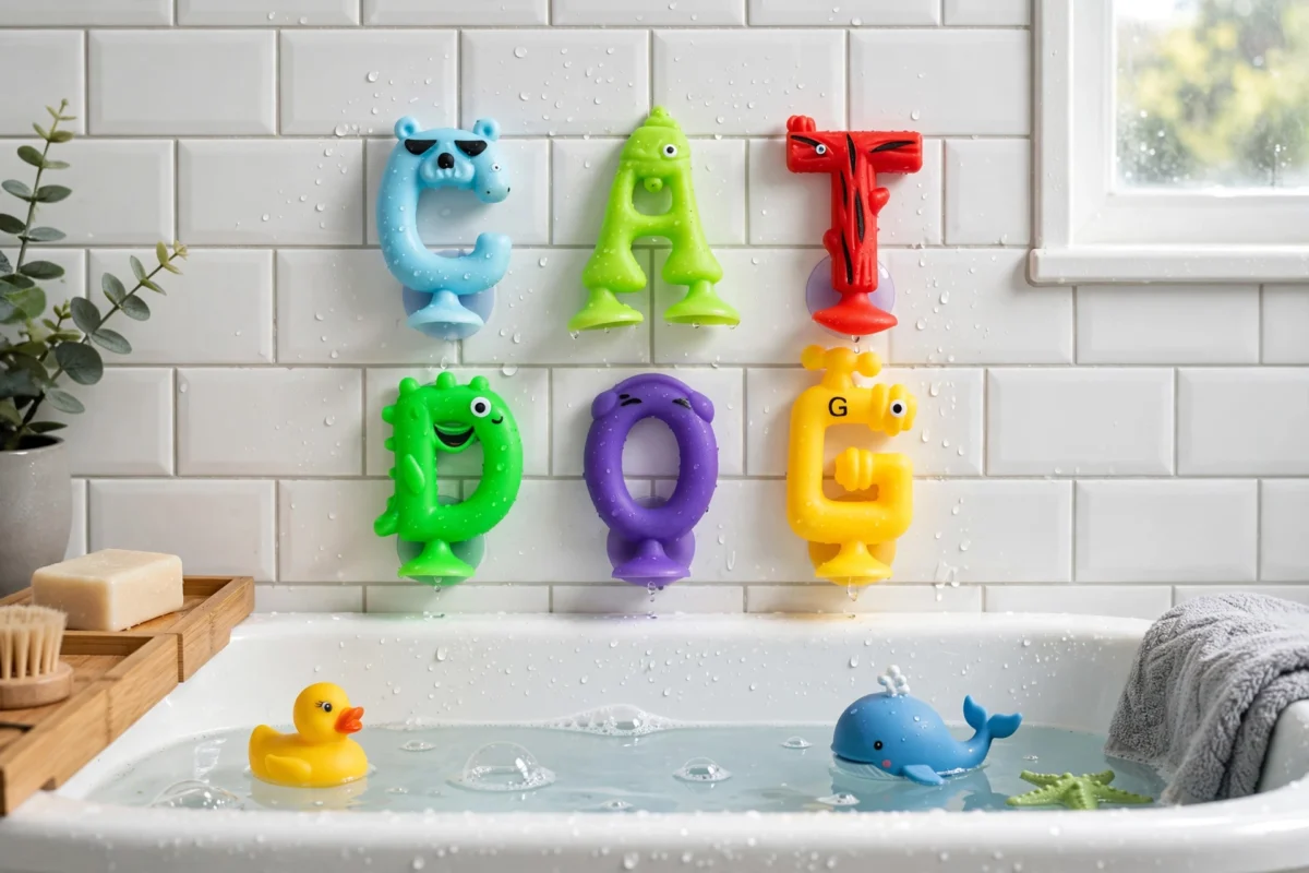 awesome 26pcs Multicolor Rubber Alphabet Letters with Suction Cups, Educational Spelling Learning Game, Ideal for Halloween/Christmas/Birthday Party Giftschristmas Stocking Stuffers, Christmas Stocking Stuffers 3 Alphabet Letters with Suction Cups spelling words on white bathroom tiles above a bathtub filled with water and toys