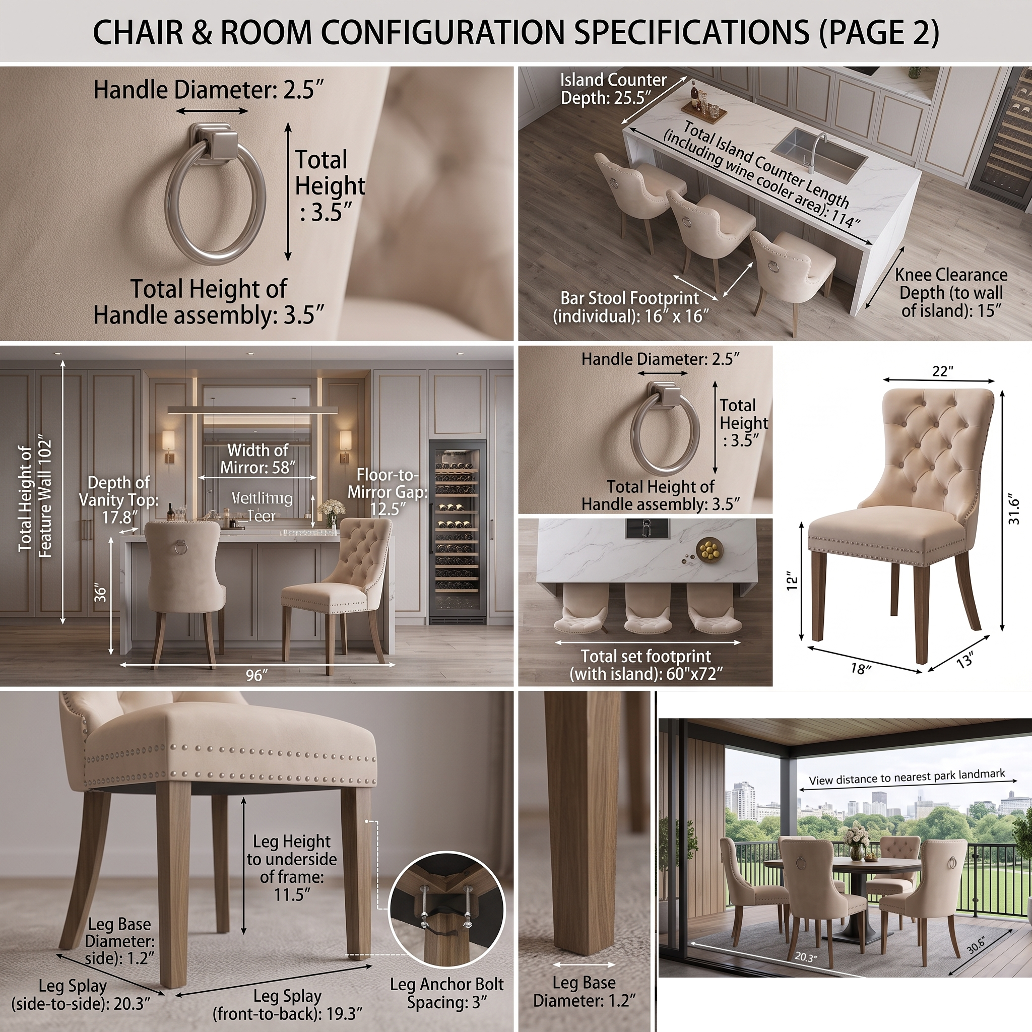 Set of 4 Upholstered Dining Chairs, Velvet Chairs with Button Tufting And Sturdy Wooden Legs, Contemporary Fabric Side Chairs for Dining Areas, Kitchens, Restaurants, And Hotels 19 An infographic detailing technical dimensions and chair room configuration specifications for a beige color Set of 4 Upholstered Dining Chairs.
