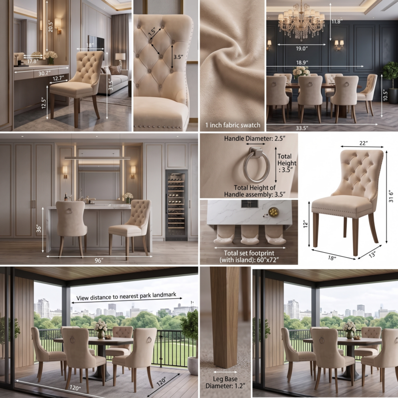 Set of 4 Upholstered Dining Chairs, Velvet Chairs with Button Tufting And Sturdy Wooden Legs, Contemporary Fabric Side Chairs for Dining Areas, Kitchens, Restaurants, And Hotels 2 A collage showing the dimensions and interior design placement for a beige color Set of 4 Upholstered Dining Chairs including vanity room setup and a covered patio area.