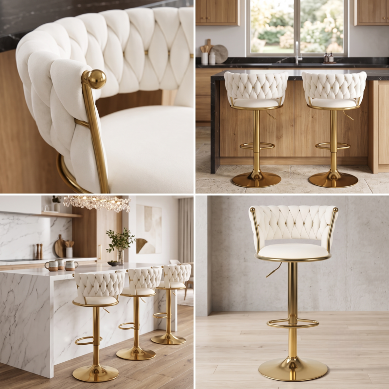 2pcs/4pcs Modern Swivel Woven Velvet Bar Stools, Stool, 360° Swivel Adjustable Height Bar Stool with Backs Golden Metal Tall Bar Stools Counter Height for Kitchen Island, for Christmas, Festival, New Year'S Gift 2 A four-panel collage showcasing beige color Swivel Woven Velvet Bar Stools in modern home settings, including a close-up texture shot, two stools at a wooden bar, and three stools along a white marble kitchen island.