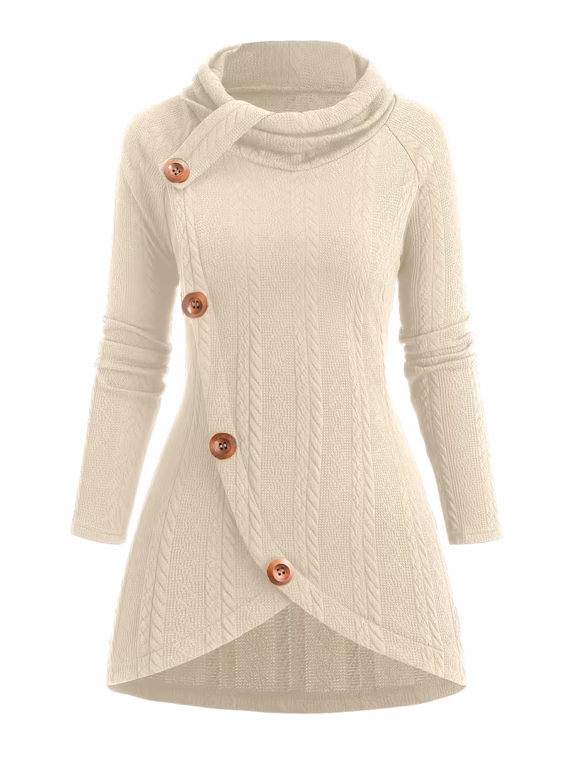 useful Sophisticated Decorative Buttoned Long Sleeve Top | Modern High Neck Knit for Business Casual 2 A studio shot of a light beige decorative buttoned long sleeve top featuring an asymmetrical hem and high cowl neckline.