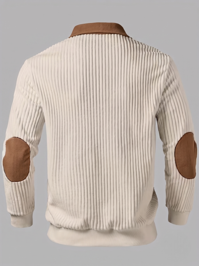 Men's Color-Block Design Casual Stand Collar Pullover - Ribbed Color-Block Patchwork, Thick and Warm Pullover, Stand Collar with Zipper Design, Suitable for Daily Casual Fashion, Simple and Versatile for Outings and Commuting, Long-Sleeve Pullover 2 Studio product shot of the back view of a beige color casual stand collar pullover featuring vertical ribbed fabric and brown suede elbow patches.