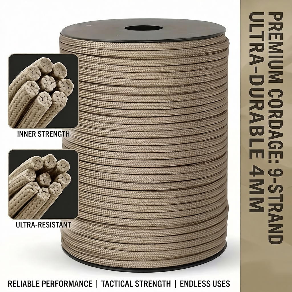 The Ultimate 164ft Roll of 9-Strand Rope 4mm: Heavy-Duty Utility Cord for Tents & Tarps 30 A high-quality product photograph of a beige color Roll of 9-Strand Rope 4mm, neatly wound on a black spool and set against a plain white background.