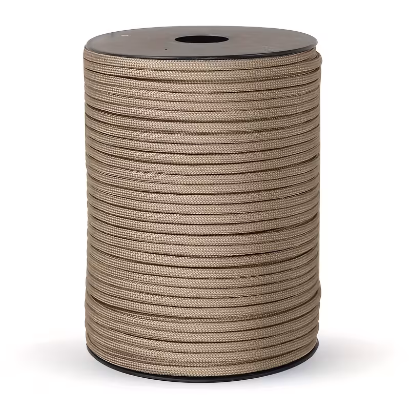 The Ultimate 164ft Roll of 9-Strand Rope 4mm: Heavy-Duty Utility Cord for Tents & Tarps 3 A high-quality product photograph of a beige color Roll of 9-Strand Rope 4mm, neatly wound on a black spool and set against a plain white background.
