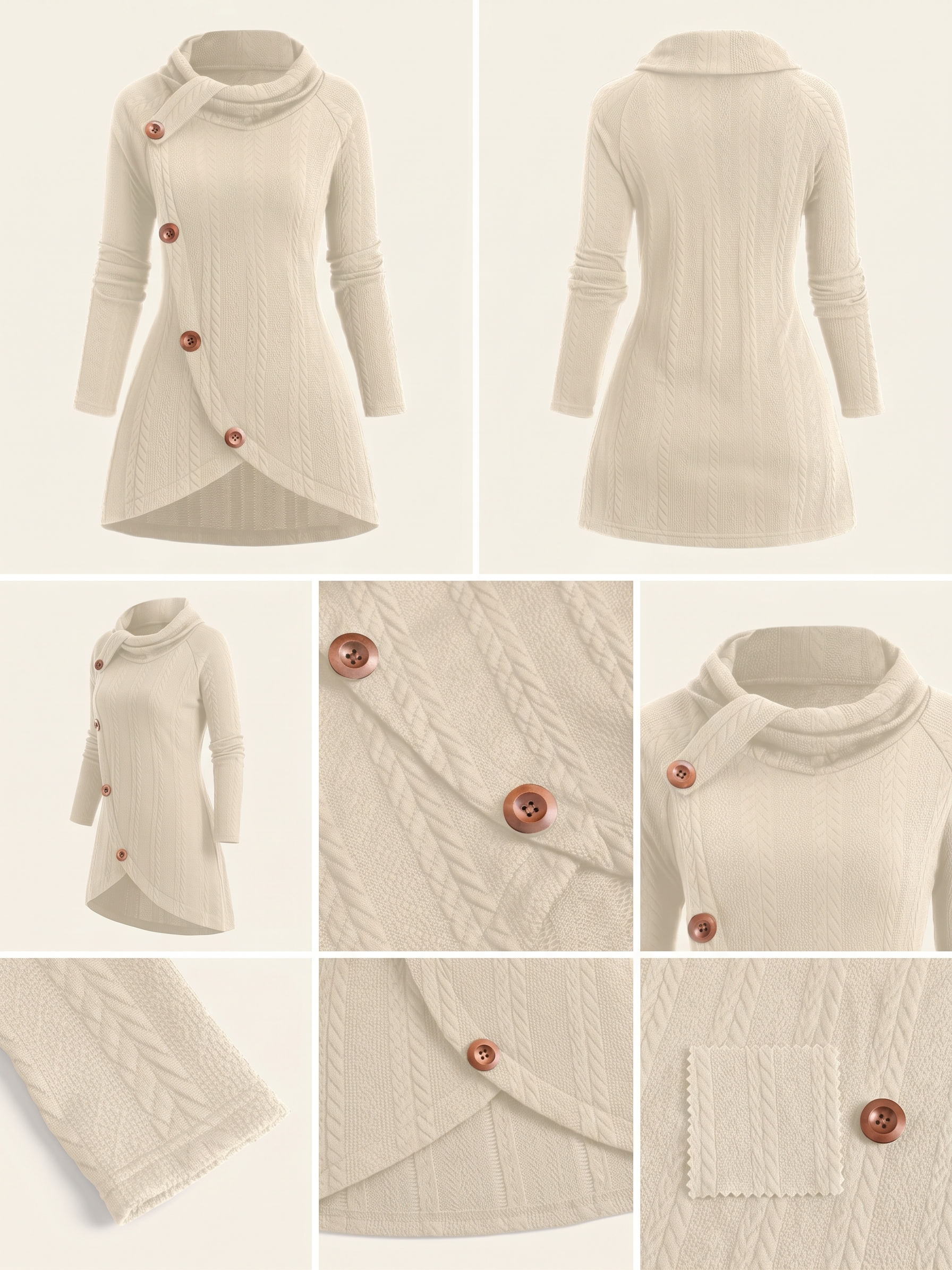 useful Sophisticated Decorative Buttoned Long Sleeve Top | Modern High Neck Knit for Business Casual 15 Beige Decorative Buttoned Long Sleeve Top | High Neck Fall Knit