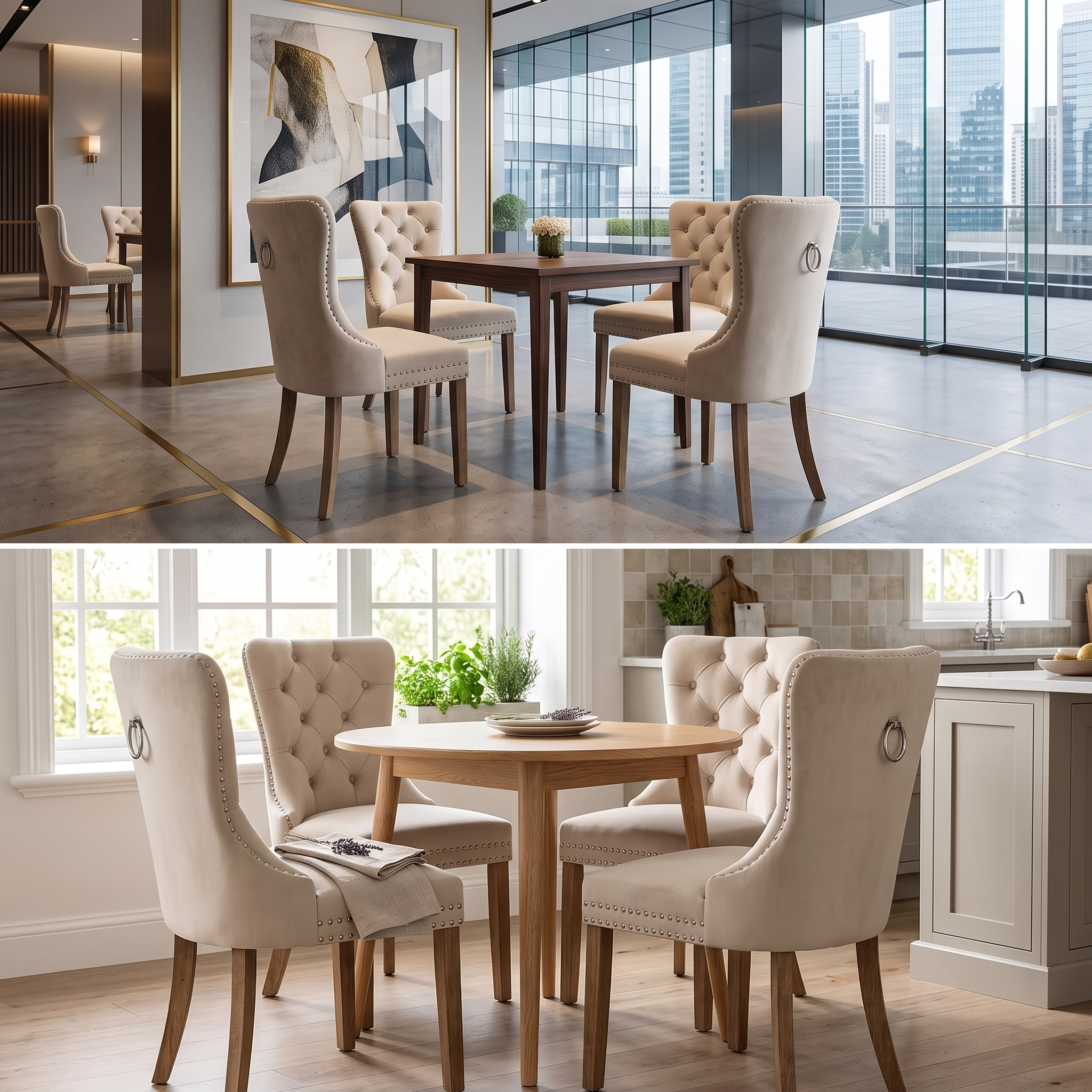 Set of 4 Upholstered Dining Chairs, Velvet Chairs with Button Tufting And Sturdy Wooden Legs, Contemporary Fabric Side Chairs for Dining Areas, Kitchens, Restaurants, And Hotels 15 A split view showing a beige color Set of 4 Upholstered Dining Chairs arranged around tables in a modern high rise apartment and a bright sunlit kitchen.