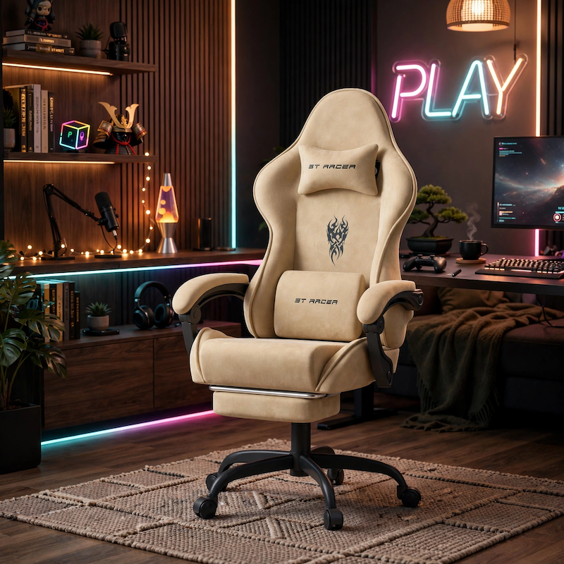 comfortable STRACER Velvet Upholstered Gaming Chair Featuring a Footrest, High Back Design, Ergonomic Support for Gamers, Includes Headrest And Massage Lumbar Pillow, Racing Style Reclining Video Game Chair 2 A cozy gaming room featuring a beige color Velvet Upholstered Gaming Chair positioned in front of a desk with ambient lighting and a neon play sign.