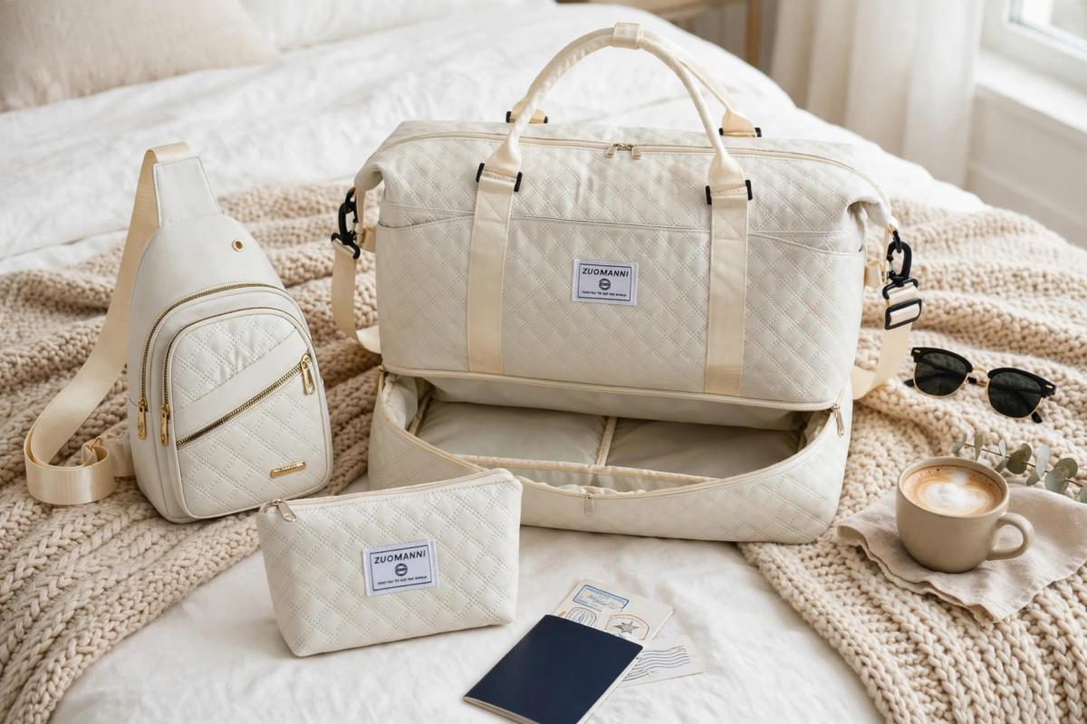 A Three-Piece Travel Set Including a Tote Bag, a Toiletry Bag, And a Shoulder Bag, Featuring a Spacious Independent Shoe Compartment, Perfect for Outdoor Fitness, Travel, Overnight Stays, And Weekend Trips 2 A lifestyle shot on a cozy white bed showing a beige color tote bag with its bottom shoe compartment unzipped, alongside a matching sling bag, toiletry pouch, passport, sunglasses, and a cup of coffee.