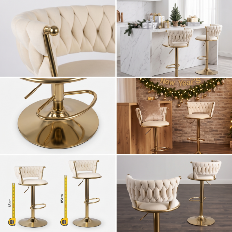 2pcs/4pcs Modern Swivel Woven Velvet Bar Stools, Stool, 360° Swivel Adjustable Height Bar Stool with Backs Golden Metal Tall Bar Stools Counter Height for Kitchen Island, for Christmas, Festival, New Year'S Gift 3 A six-panel infographic collage for beige color Swivel Woven Velvet Bar Stools displaying fabric close-ups, festive holiday decor styling, gas-lift base details, and adjustable height dimensions from 65cm to 85cm.